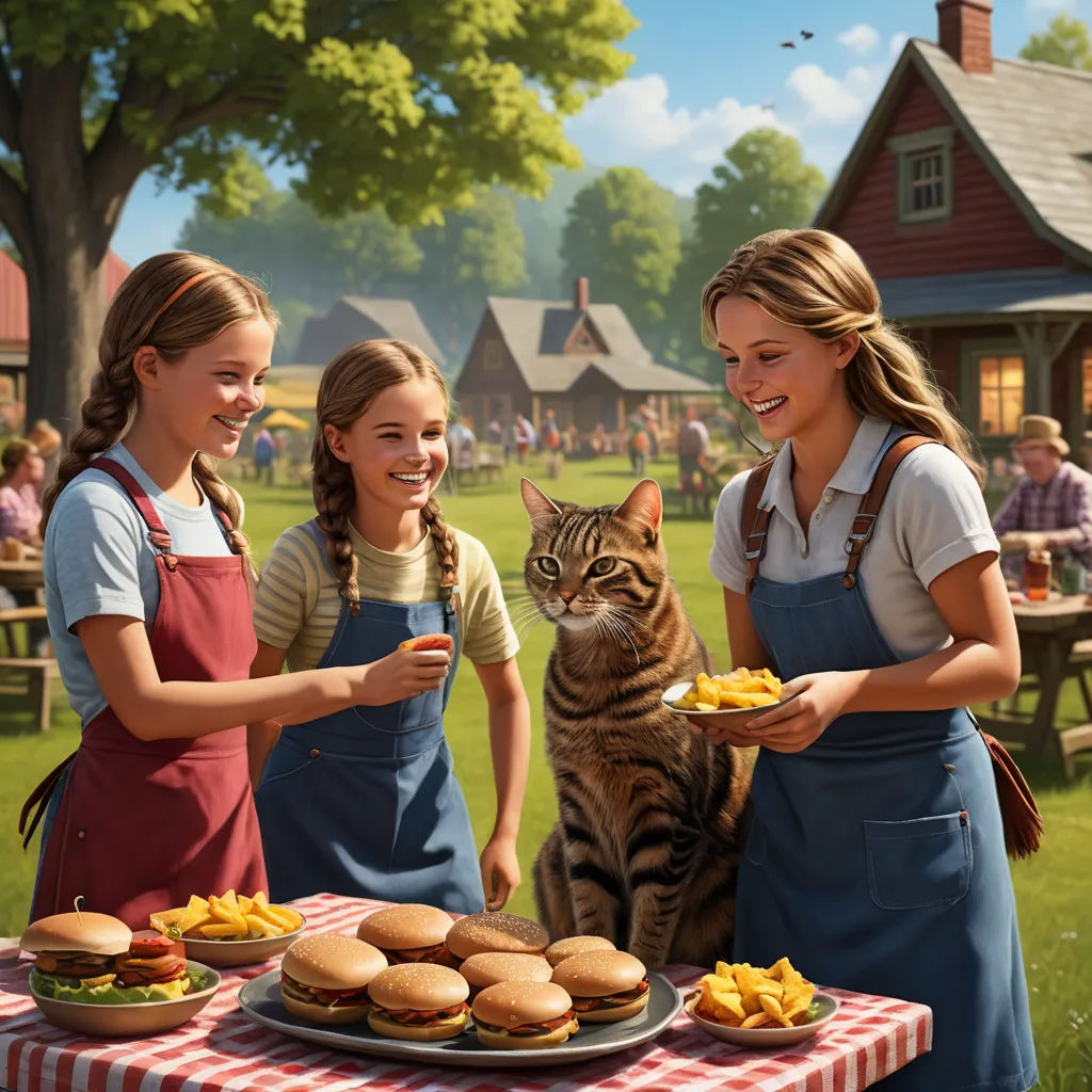 a painting of three girls and a cat at a picnic table with food on it and a cat looking at a plate of food, american scene painting, a detailed matte painting, Bob Byerley, ultra realistic digital art