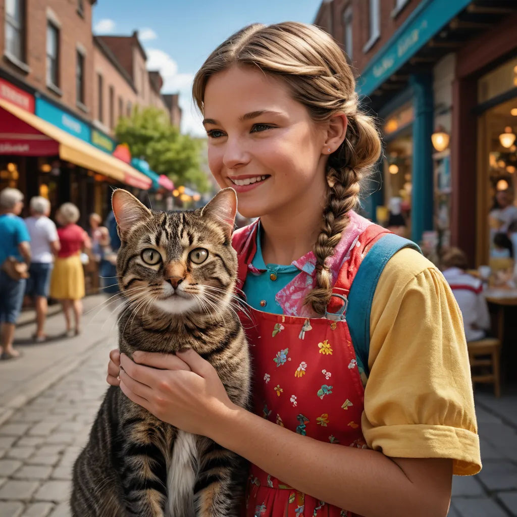 a woman holding a cat on a city street with people walking around her and a cafe in the background, magical realism, a poster, Anne Said, promotional image