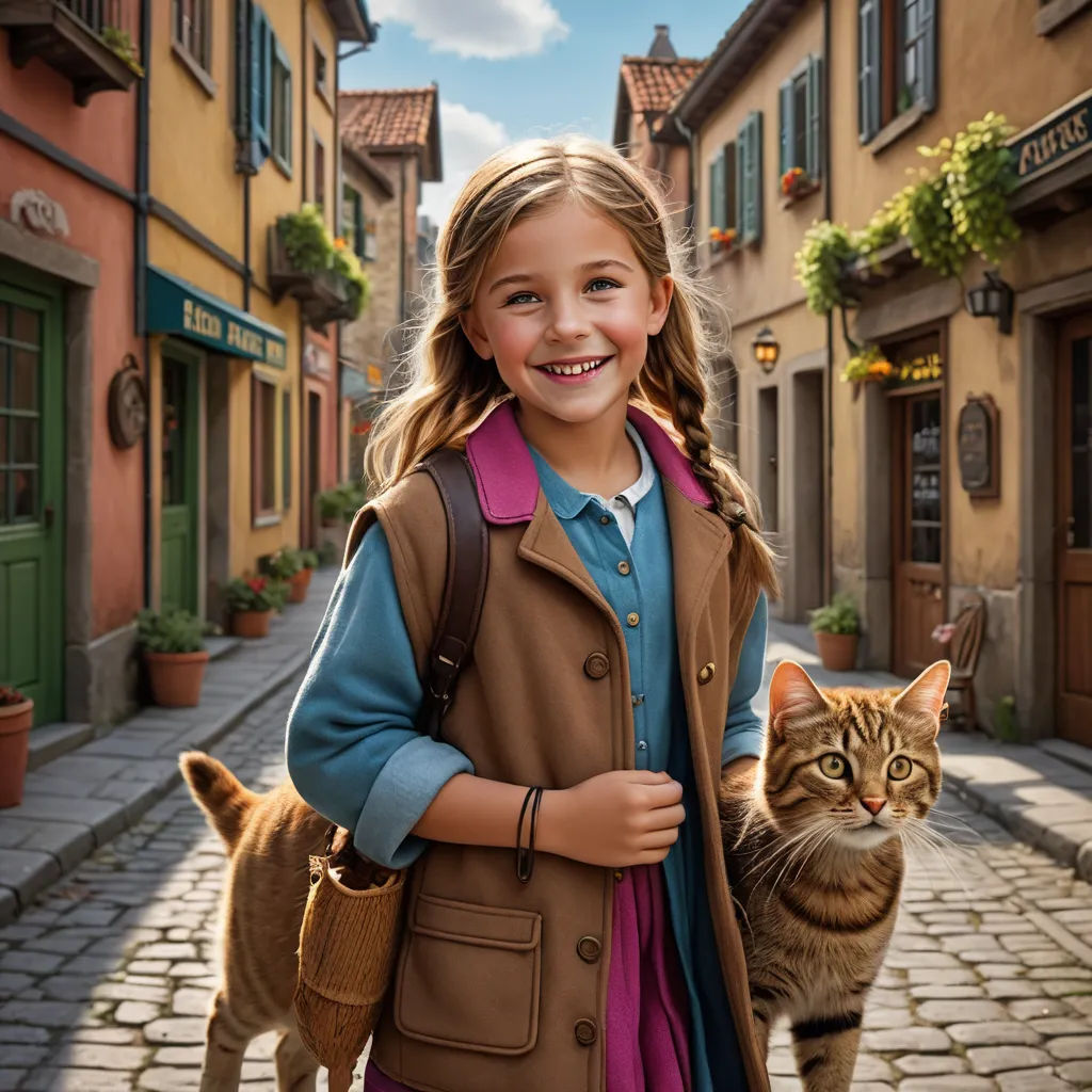 a little girl walking down a street with a cat on her back and a cat on her arm,, photorealism, a detailed matte painting, Cliff Childs, promotional image