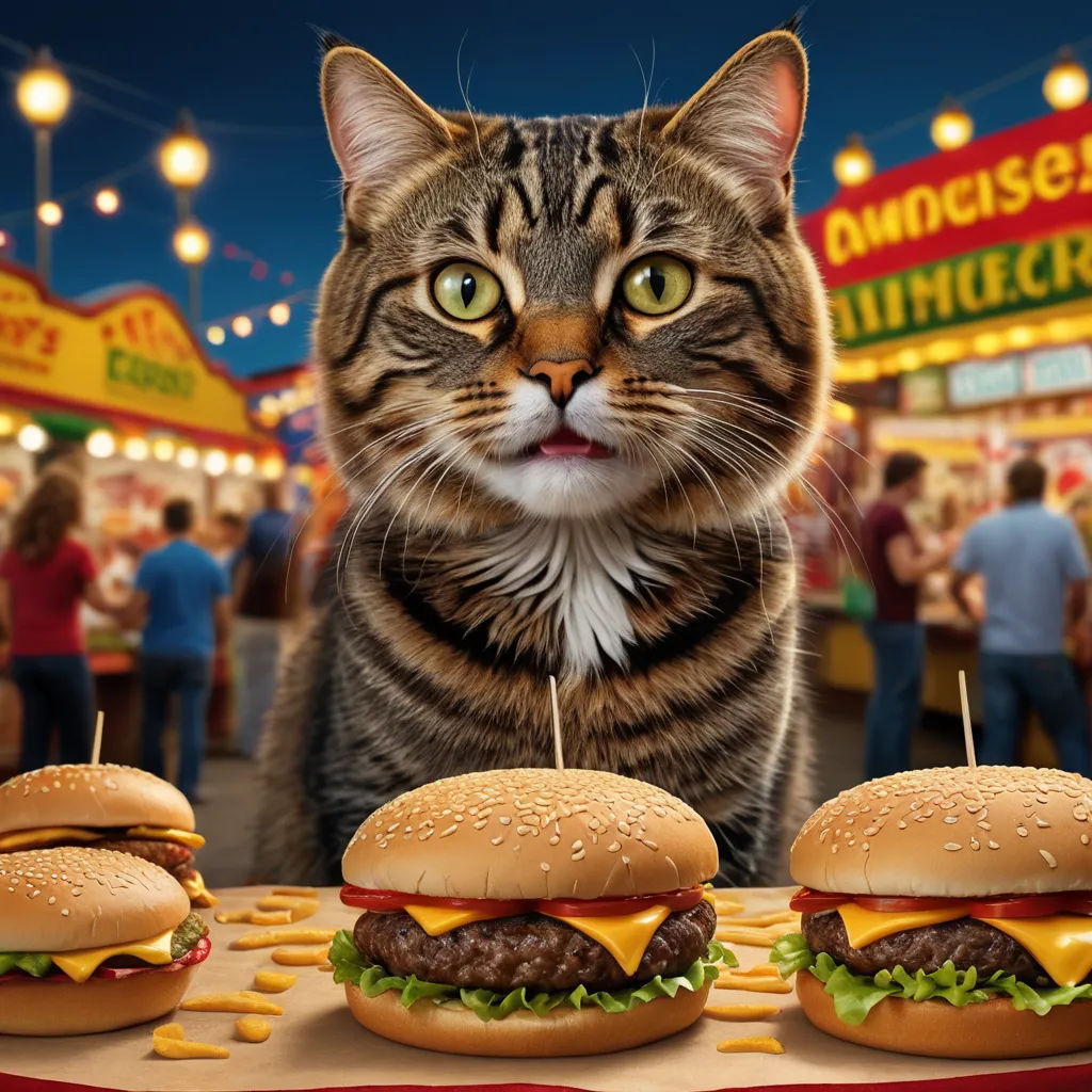 a cat sitting behind a table with hamburgers and cheeseburgers on it, and a cat staring at the camera, hyperrealism, a digital rendering, Chris LaBrooy, ultra realistic digital art