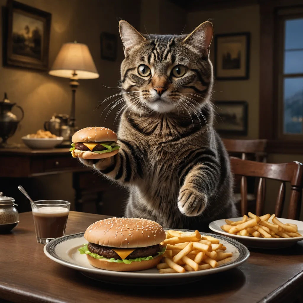 a cat standing on its hind legs and reaching for a hamburger on a plate with fries on the side, hyperrealism, a photorealistic painting, Chris LaBrooy, ultra realistic digital art