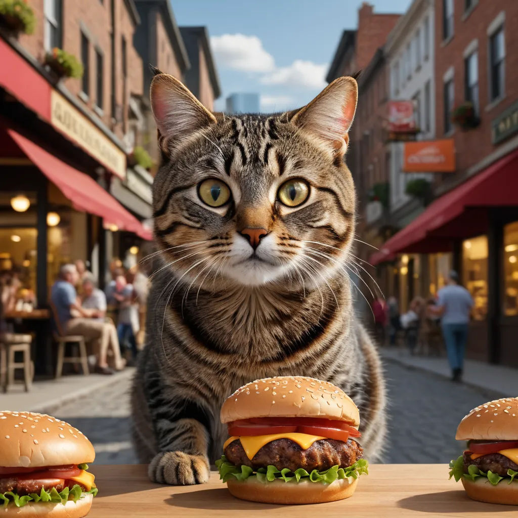 a cat sitting on a table next to three hamburgers and a cat sitting on the table looking at the camera, hyperrealism, a stock photo, Chris LaBrooy, unreal engine highly rendered