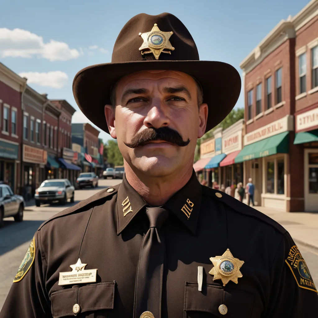 a man in a sheriff uniform standing in front of a street with cars and buildings on the side of the street, photorealism, a character portrait, Cristache Gheorghiu, promotional image