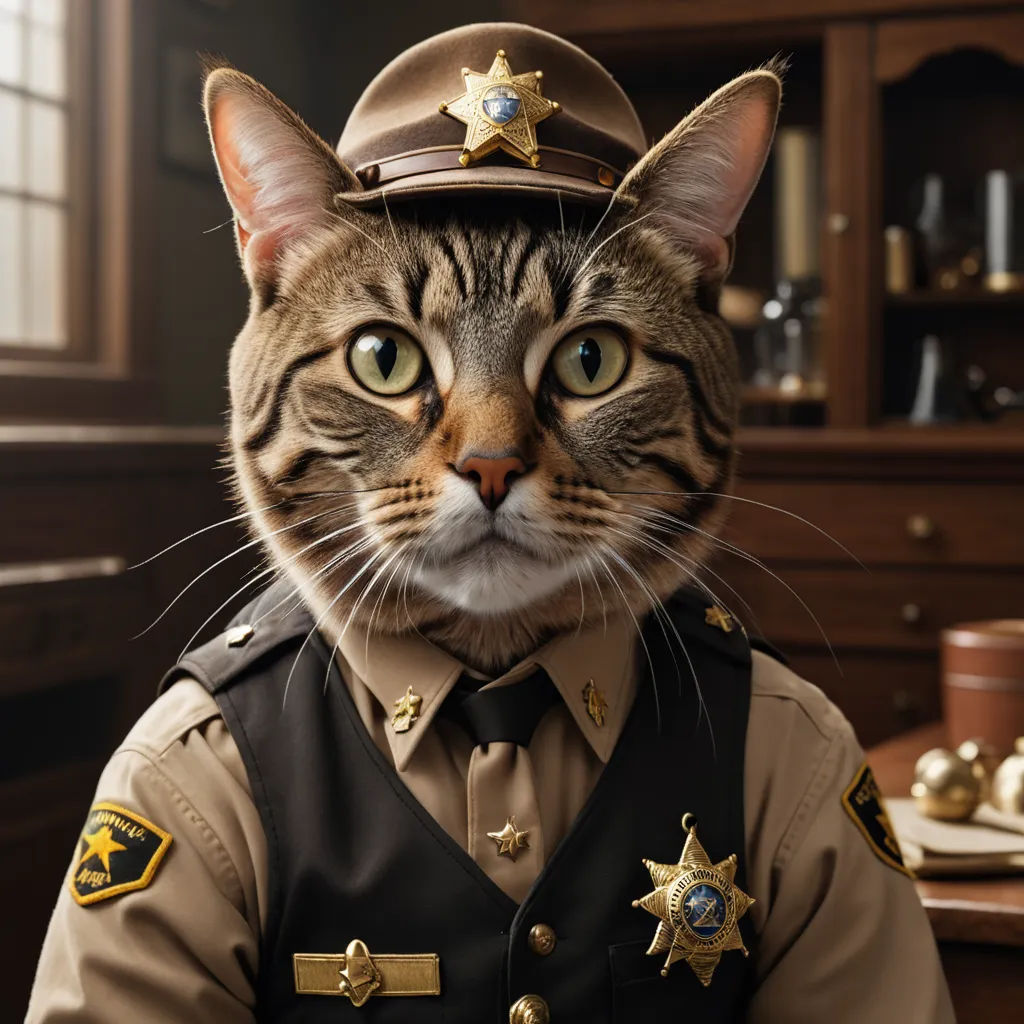 a cat dressed in a police uniform sitting at a desk with a wooden cabinet behind it and a wooden cabinet behind it, furry art, a digital rendering, Chris LaBrooy, ultra realistic digital art