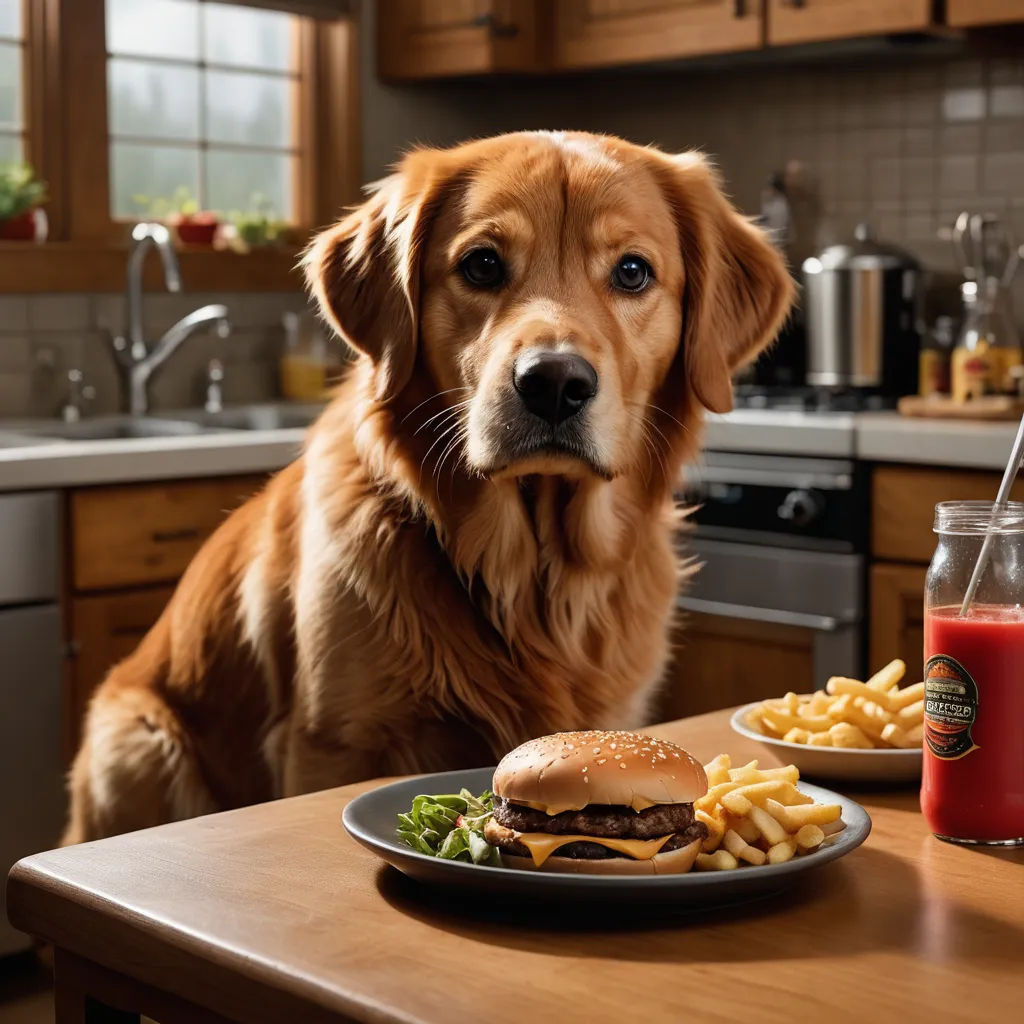 a dog sitting at a table with a plate of food and a drink in front of it, with a dog looking at the camera, hyperrealism, a stock photo, Chippy, unreal engine 5 quality render