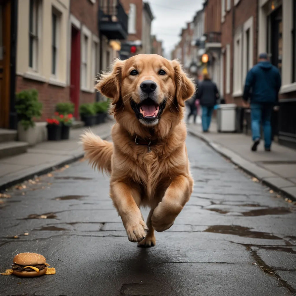 a dog running down a street with a burger in the foreground and people walking on the sidewalk in the background, neoism, a stock photo, Chippy, award winning photograph