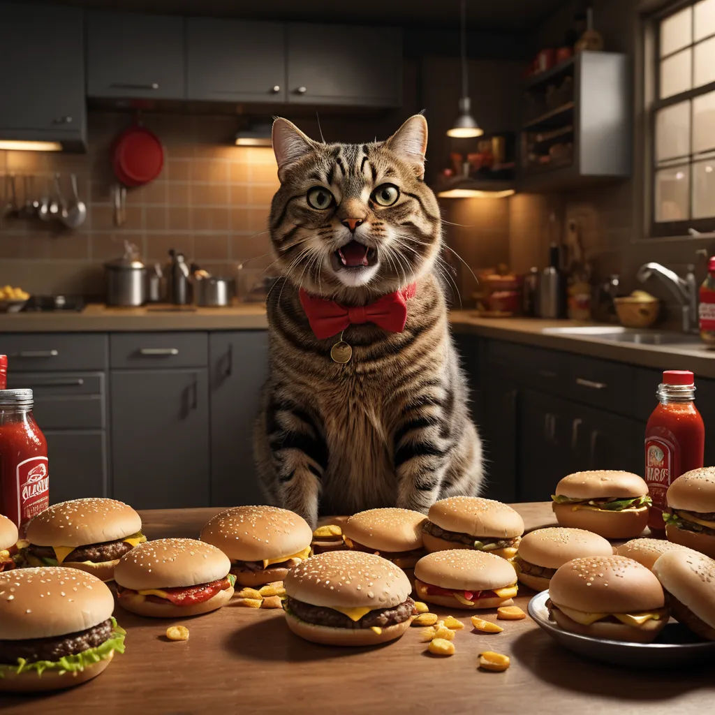 a cat standing on a table with a bunch of hamburgers and a bunch of ketchup bottles, assemblage, a stock photo, Chris LaBrooy, behance hd