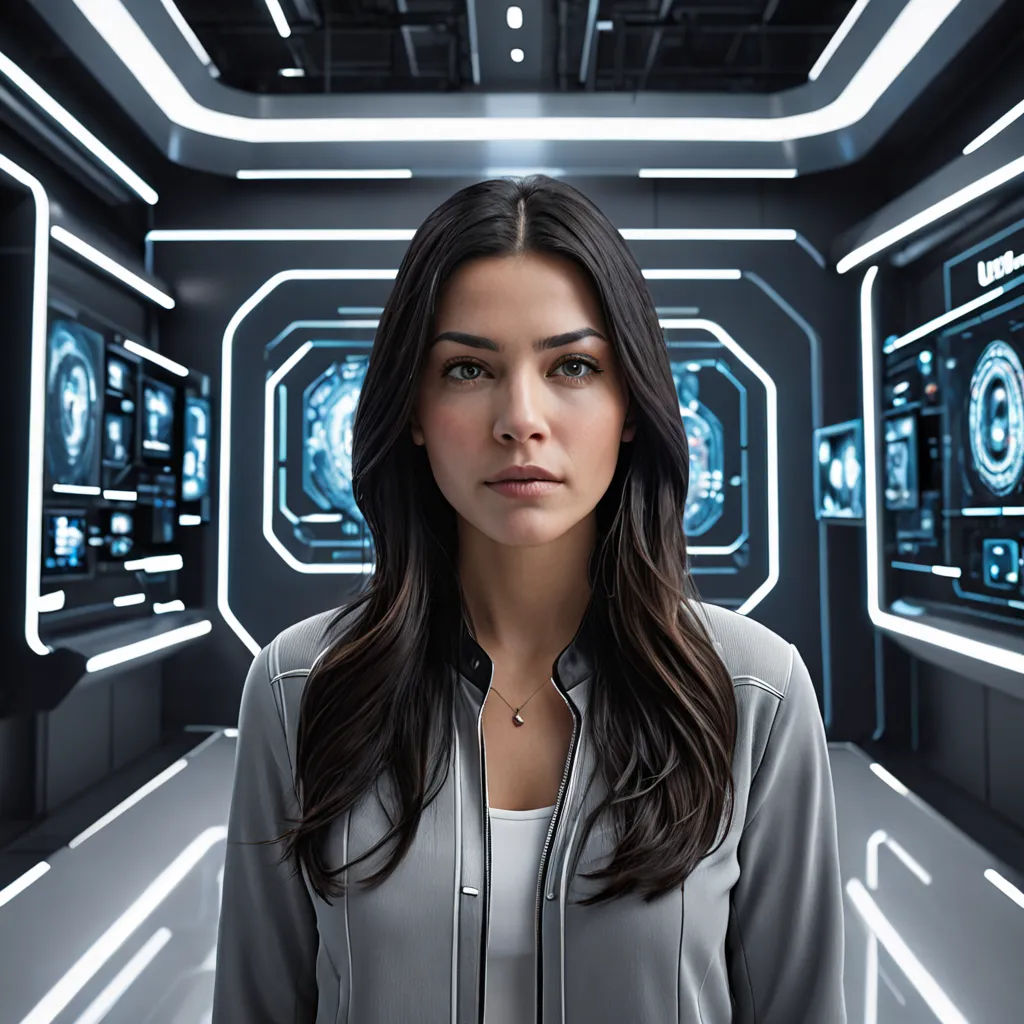 a woman standing in a futuristic looking room with a lot of lights on the ceiling and a lot of windows, computer art, a computer rendering, Eve Ryder, promotional image