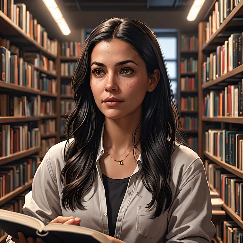 a woman is reading a book in a library full of bookshelves and bookshelves are all around her, academic art, a hyperrealistic painting, Constance Gordon-Cumming, ultra realistic digital art