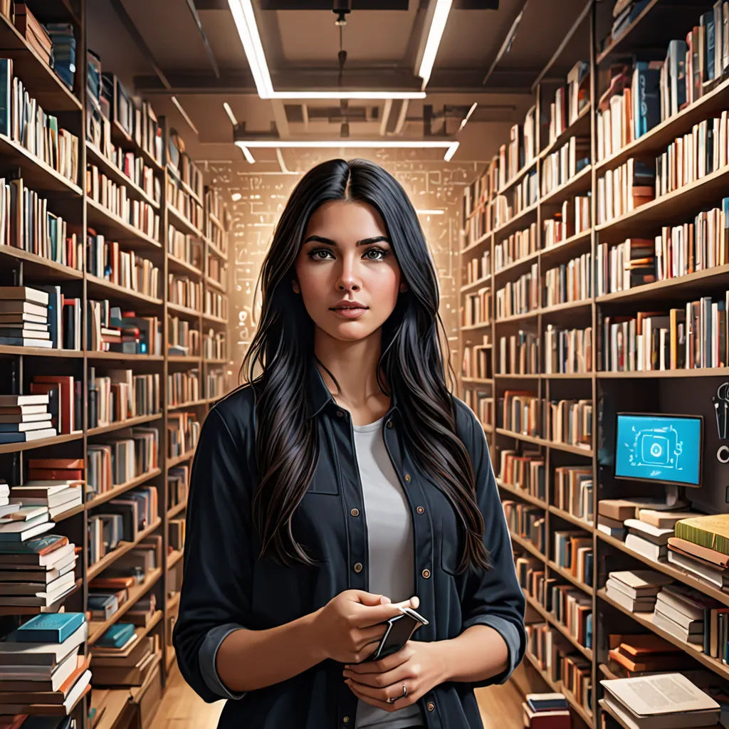 a woman standing in a library with a phone in her hand and a book shelf full of books behind her, computer art, a computer rendering, Elina Karimova, promotional image