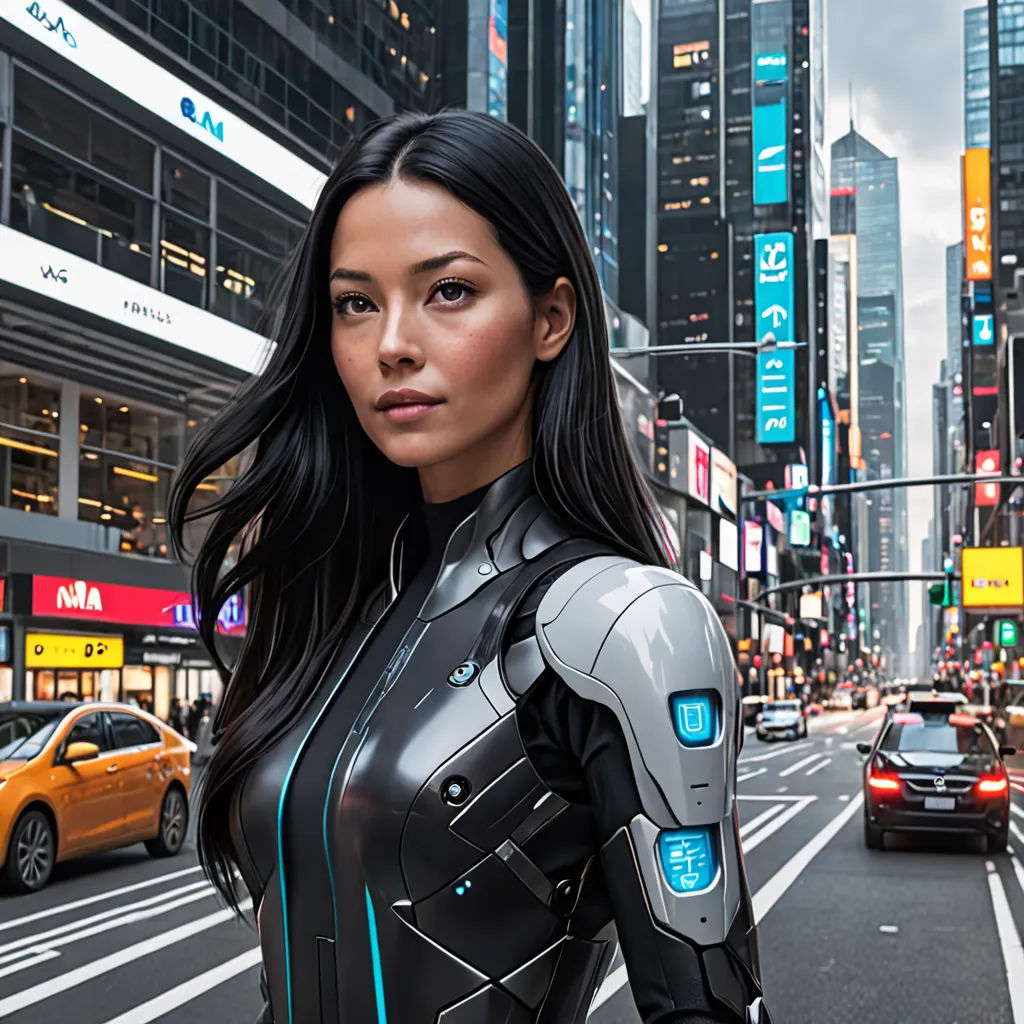 a woman in a futuristic suit standing on a city street with a taxi cab in the background and a taxi cab in the foreground, panfuturism, cyberpunk art, Ai-Mitsu, cgstudio