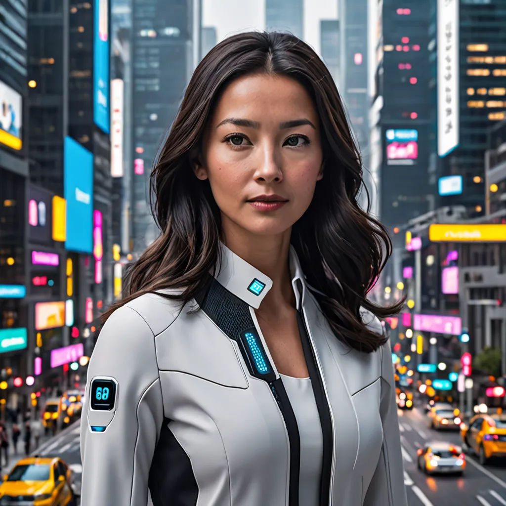 a woman in a futuristic suit standing in the middle of a city street with a lot of traffic and buildings, futurism, a digital rendering, Eve Ryder, tech wear