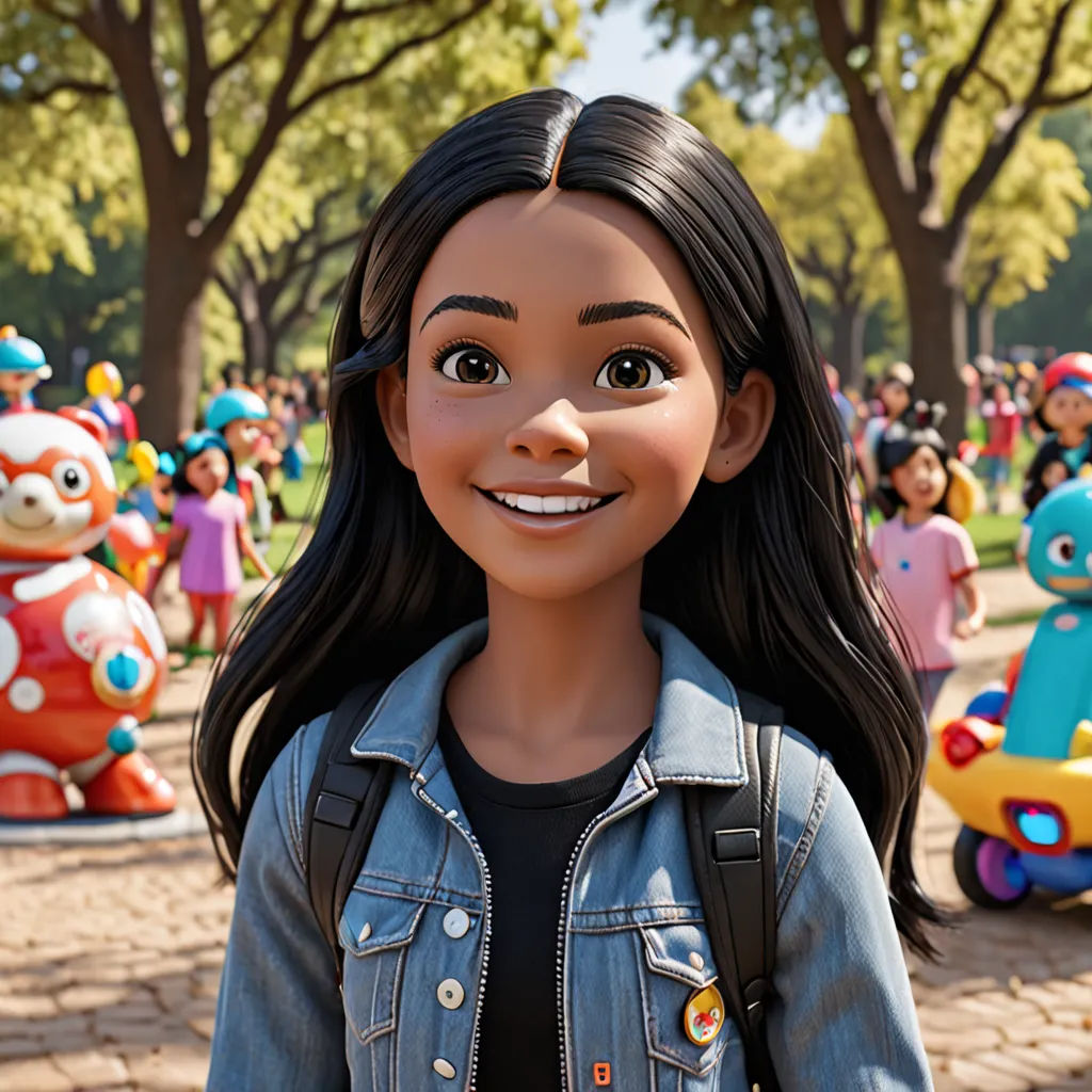 a cartoon character is standing in front of a group of cartoon characters in a park area with trees and people, photorealism, a character portrait, disney, promotional image