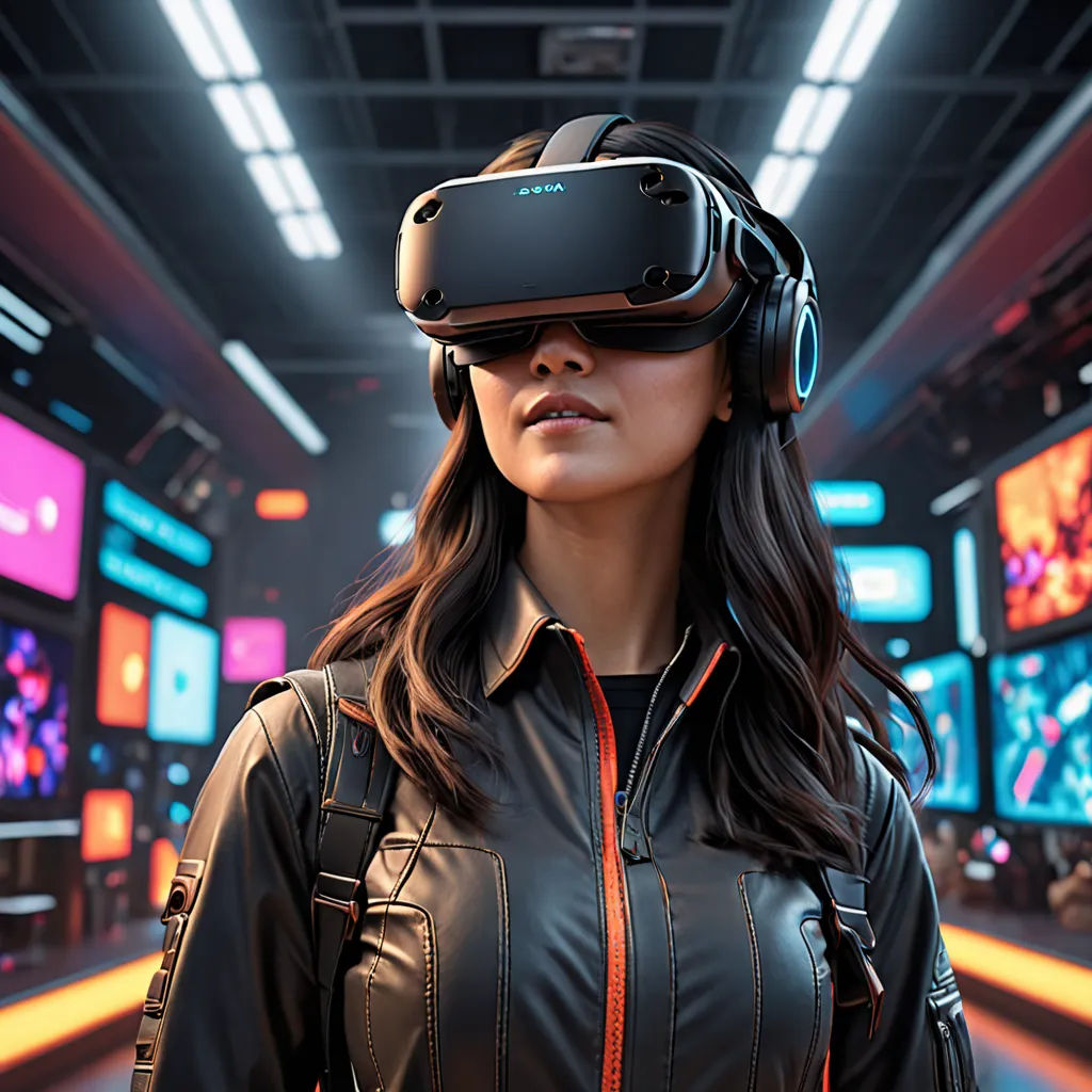 a woman wearing a virtual reality headset in a room full of television screens and video screens in the background, futurism, a computer rendering, Beeple, tech wear