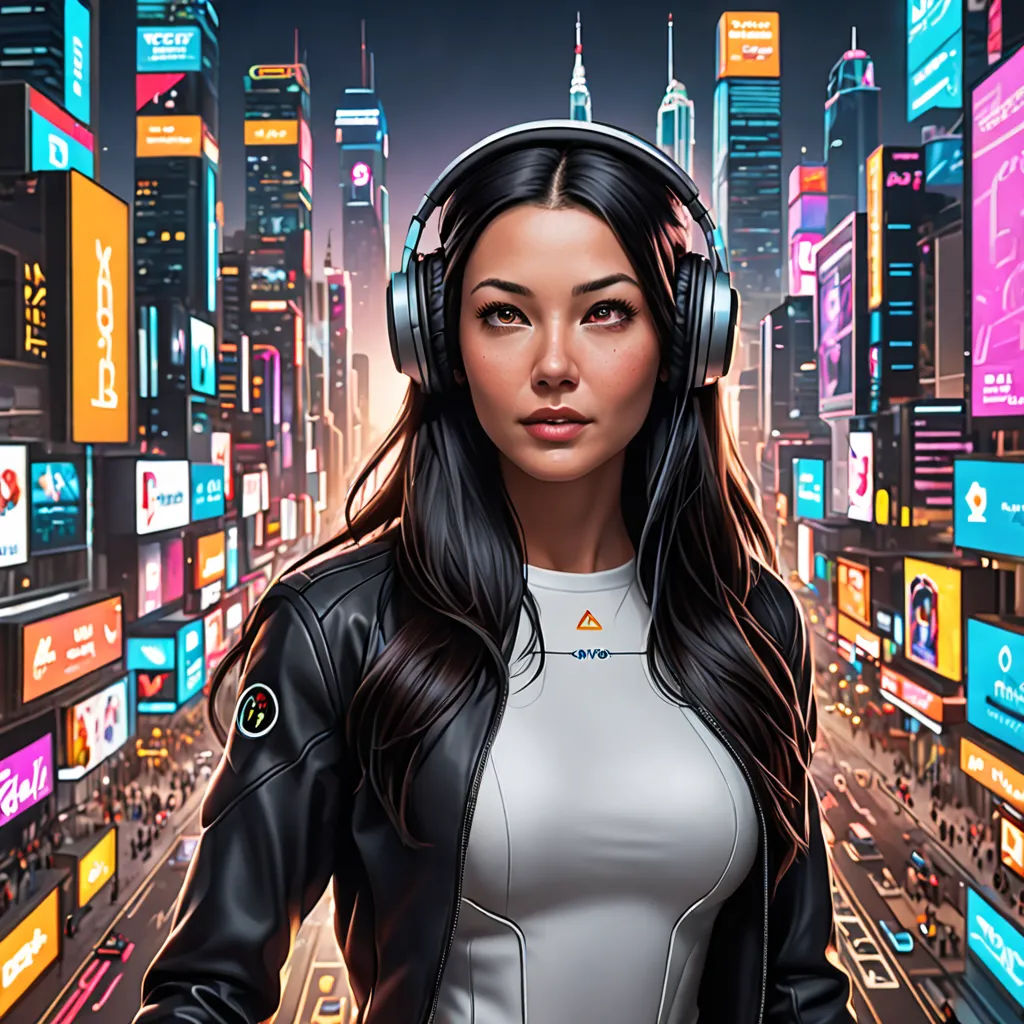 a woman in headphones standing in a city street with a cityscape in the background and a cityscape in the foreground, retrofuturism, cyberpunk art, Artgerm, stanley artgerm lau