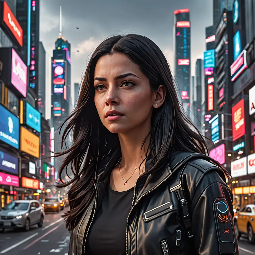 a woman in a leather jacket standing in the middle of a city street with a lot of neon signs, photorealism, a character portrait, Eve Ryder, dan mumford. octane render