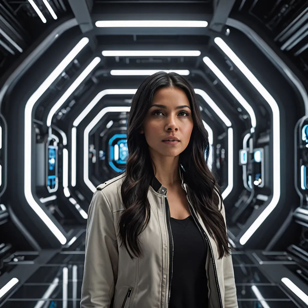 a woman standing in front of a futuristic looking room with lights on the ceiling and a clock on the wall, futurism, a character portrait, Eve Ryder, promotional image