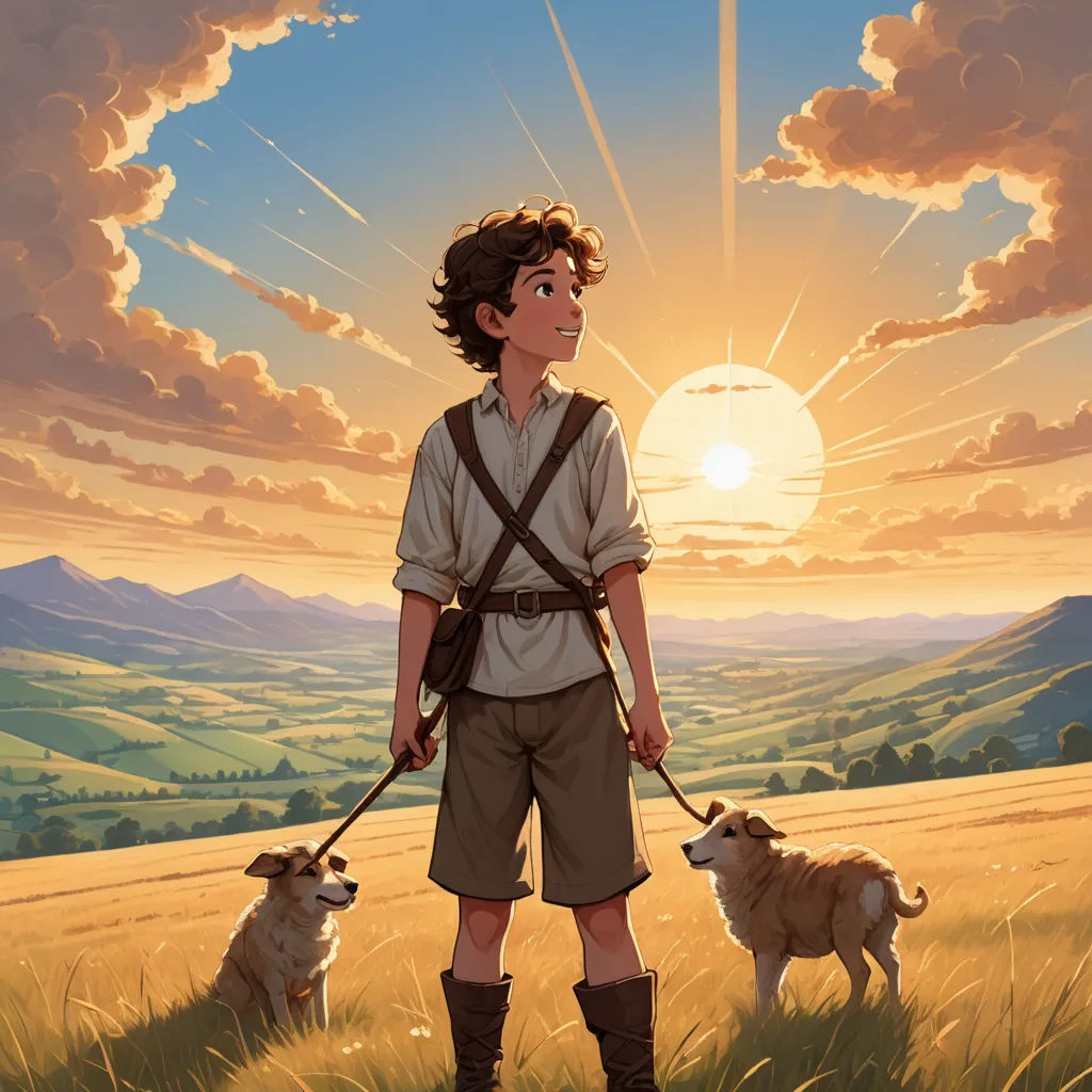 a boy with two dogs in a field at sunset with the sun behind him and clouds in the sky, fantasy art, a storybook illustration, Aaron Jasinski, official art