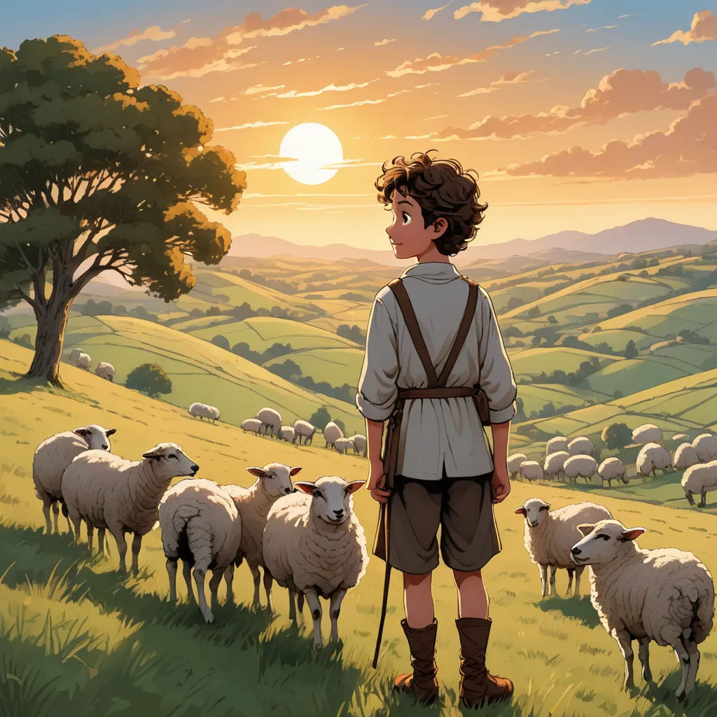 a boy standing in a field with a herd of sheep in the background and a sunset in the background, regionalism, a storybook illustration, Aaron Jasinski, official art