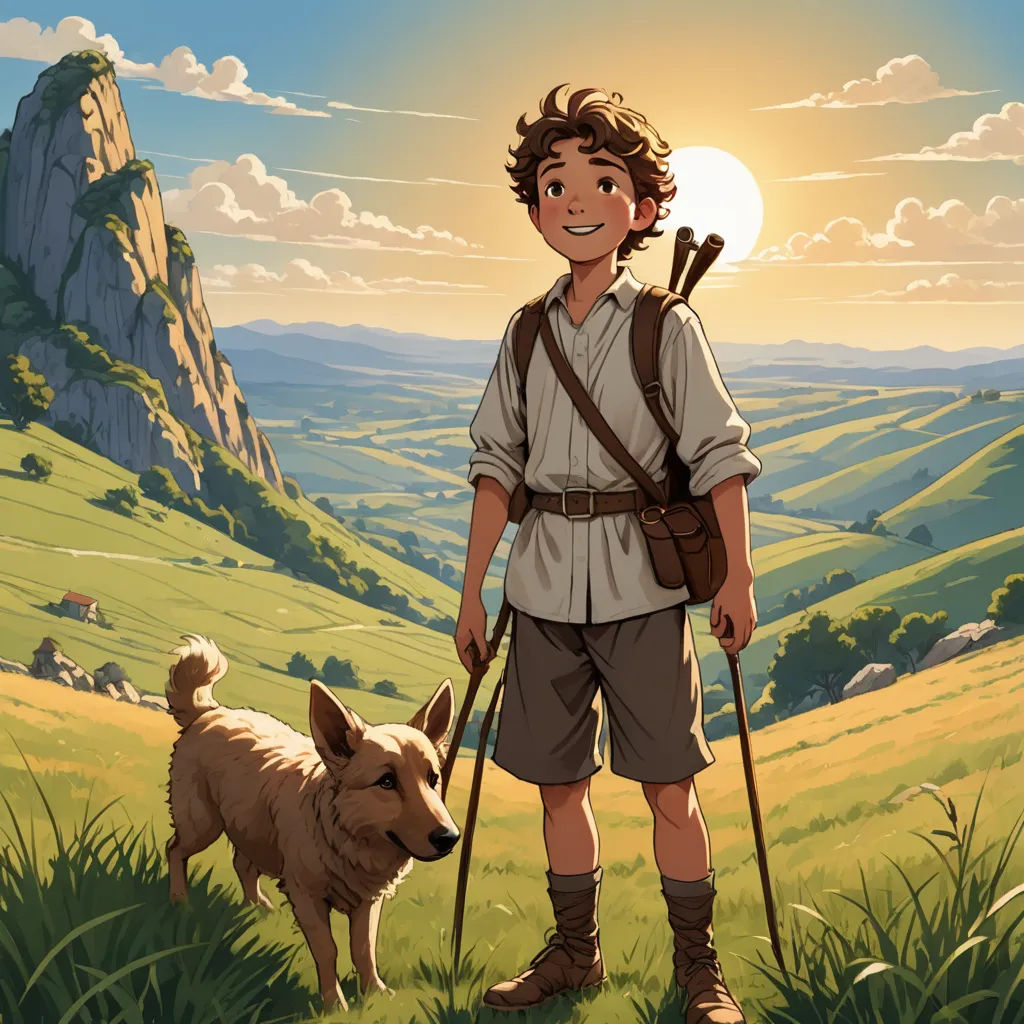 a boy with a backpack and a dog in a field with mountains in the background and a sun in the sky, fantasy art, a character portrait, Diego Gisbert Llorens, official art