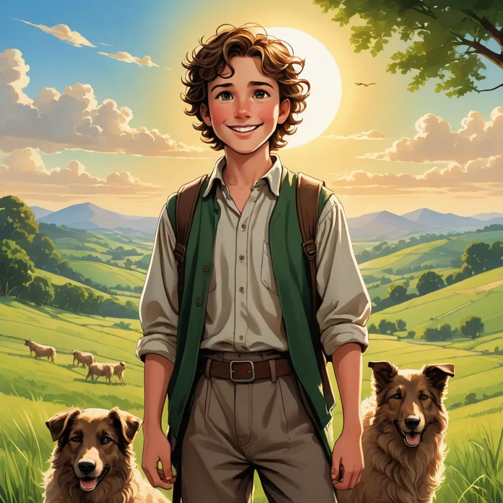 a boy with a backpack standing in front of two dogs in a field with a sunset in the background, magical realism, a storybook illustration, Brothers Hildebrandt, kinkade