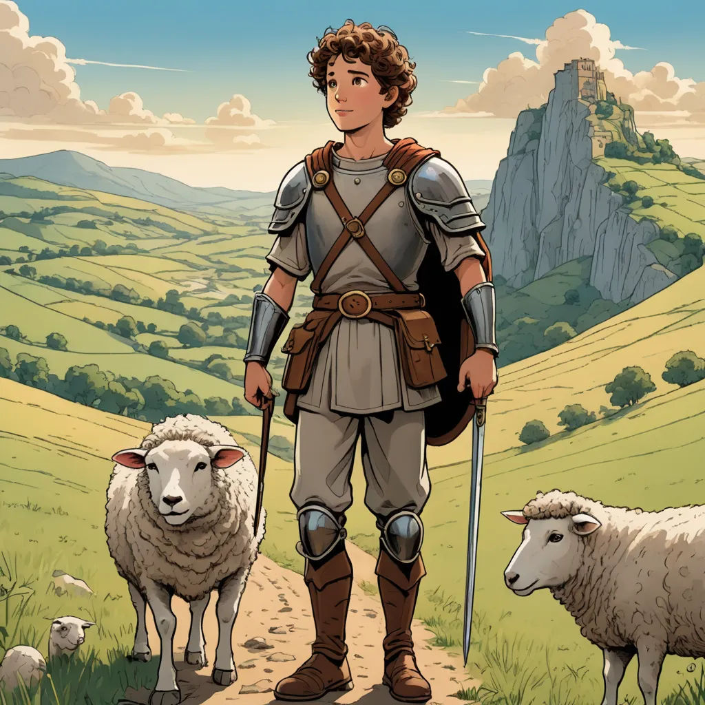 a man in armor standing next to sheep on a path with a mountain in the background and clouds in the sky, fantasy art, a storybook illustration, Diego Gisbert Llorens, comic cover art
