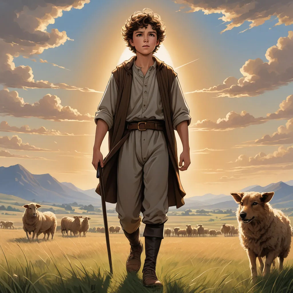 a painting of a man with a staff and sheep in a field with mountains in the background and clouds in the sky, fantasy art, a character portrait, Drew Struzan, official art