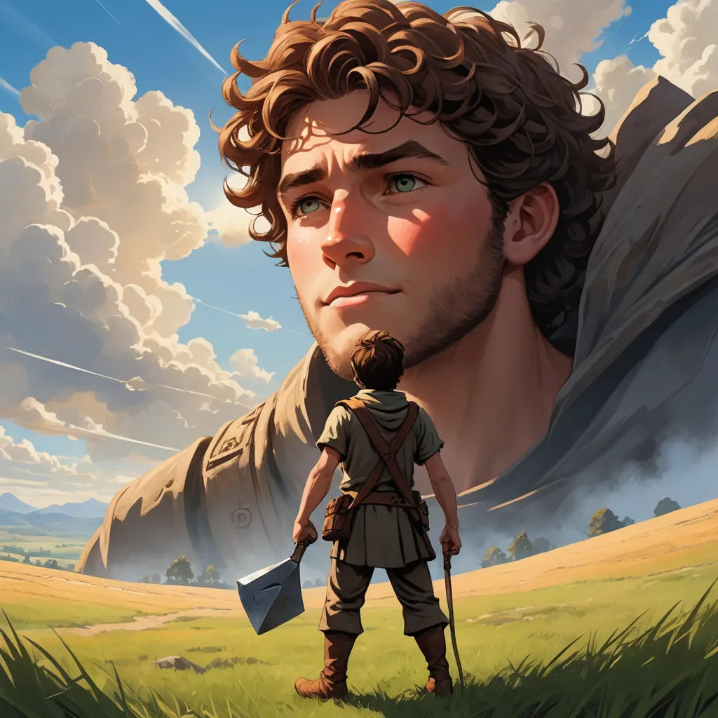 a man with a beard and a backpack standing in a field with a sky background and clouds above him, fantasy art, a storybook illustration, Aaron Jasinski, epic fantasy character art