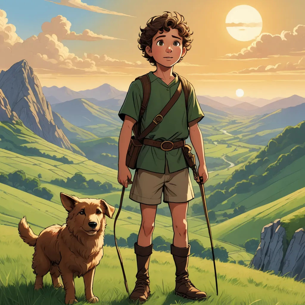 a boy with a dog standing in a field with mountains in the background and a sun in the sky, sots art, concept art, Cliff Childs, official art