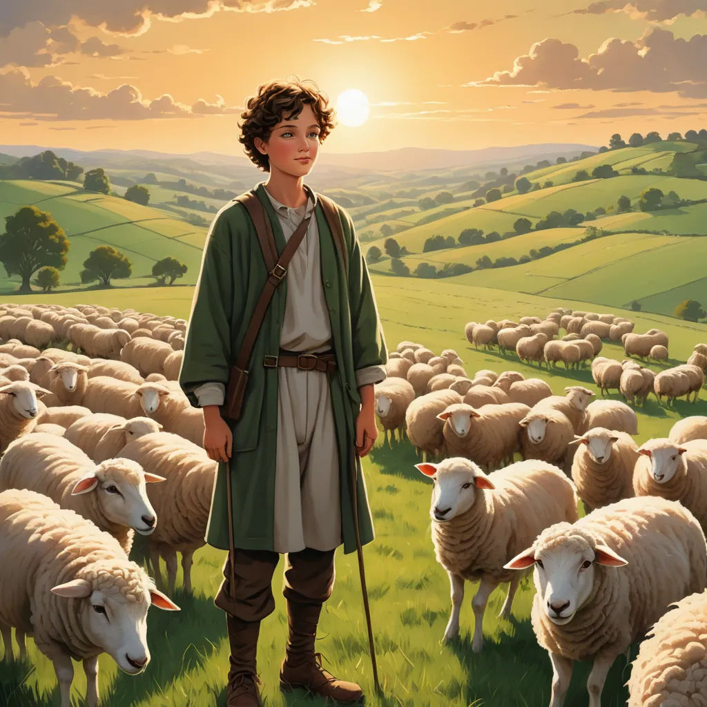 a painting of a man standing in front of a herd of sheep in a field with the sun setting, american scene painting, a storybook illustration, Aaron Jasinski, kinkade