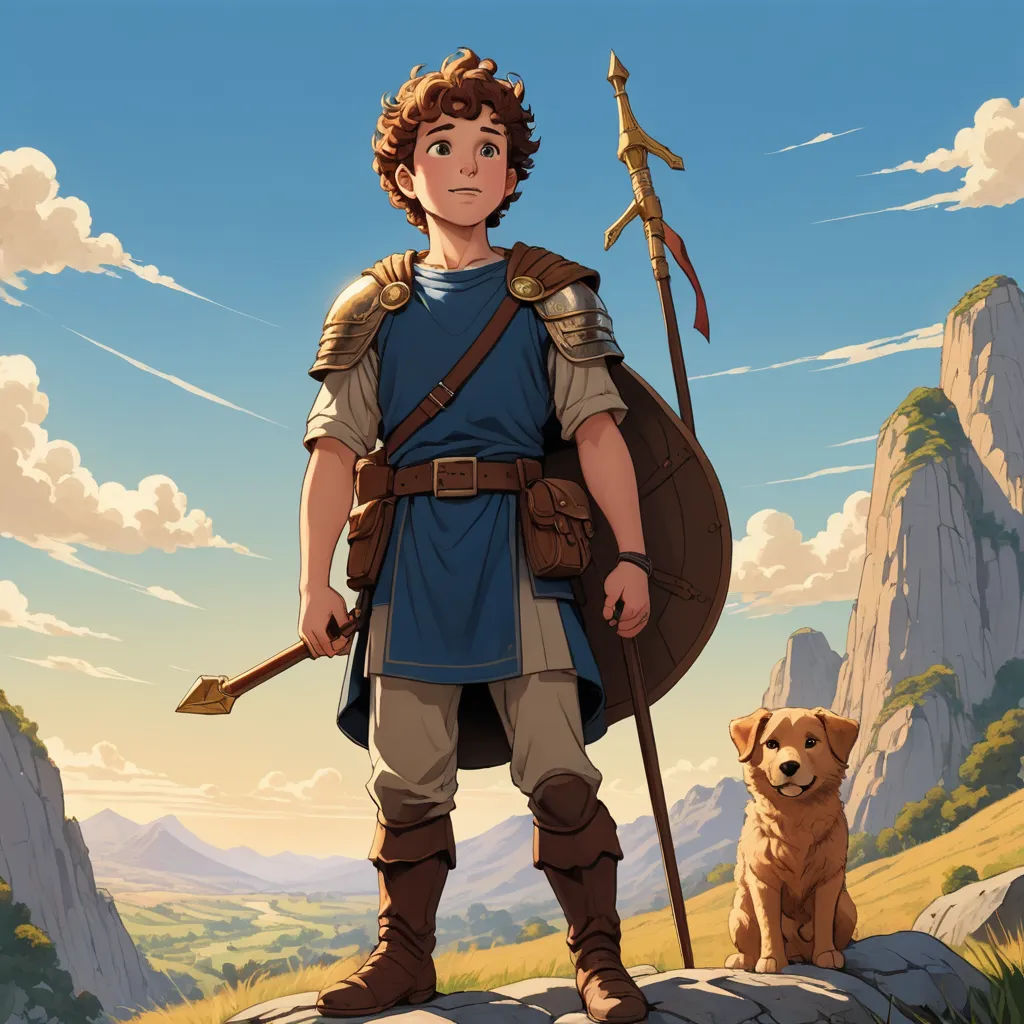 a man in a blue shirt and brown pants standing next to a dog and a mountain range with a flag, fantasy art, a character portrait, Cedric Seaut (Keos Masons), official art