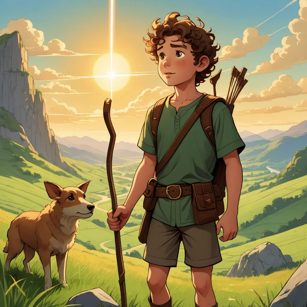 a boy with a dog and a stick in a field with mountains and a sky in the background, with a dog looking at him, sots art, a storybook illustration, Cliff Childs, ghibli