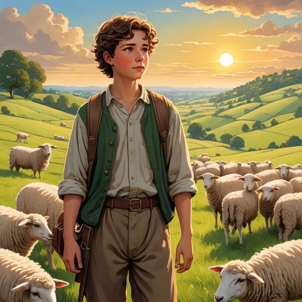 a painting of a boy standing in front of a herd of sheep in a field with the sun setting, american scene painting, a storybook illustration, Aaron Jasinski, kinkade
