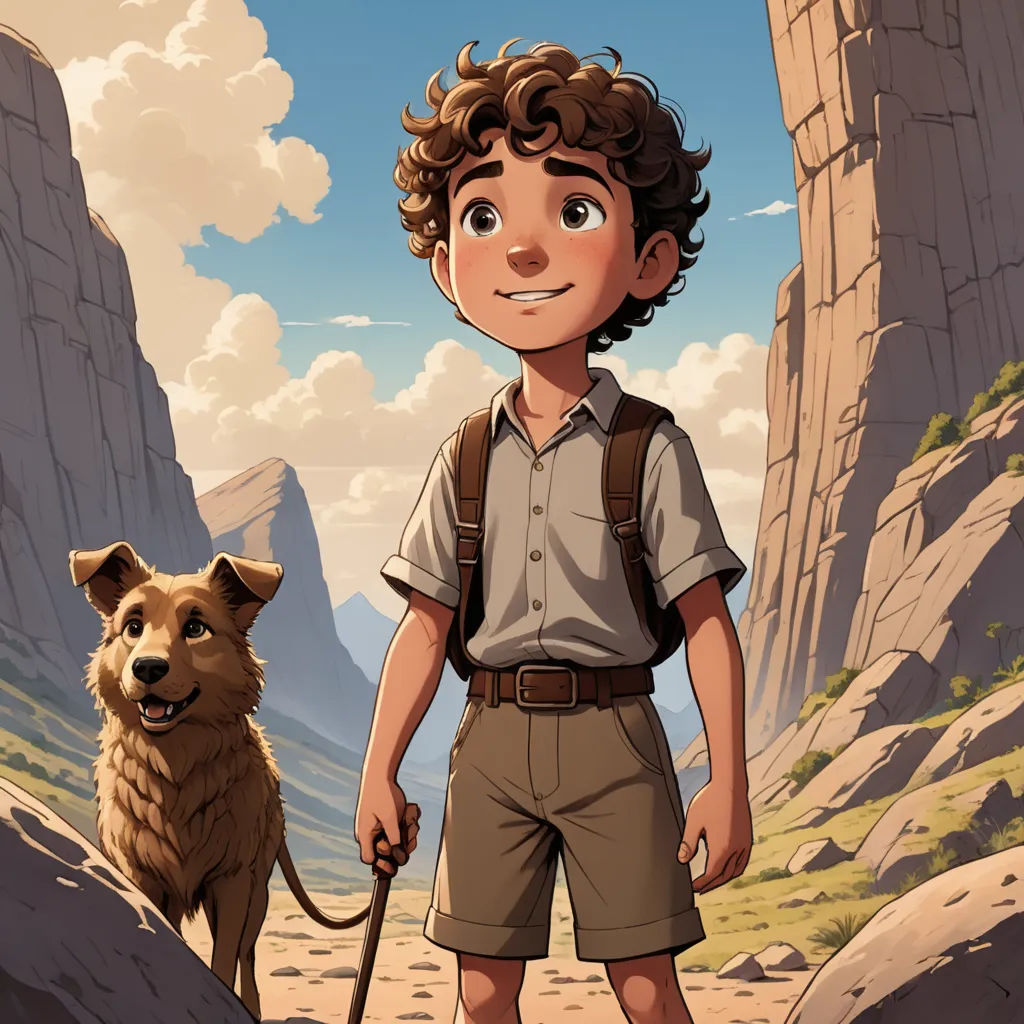 a boy with a dog standing in a rocky area with mountains in the background and clouds in the sky, process art, poster art, Diego Gisbert Llorens, official art