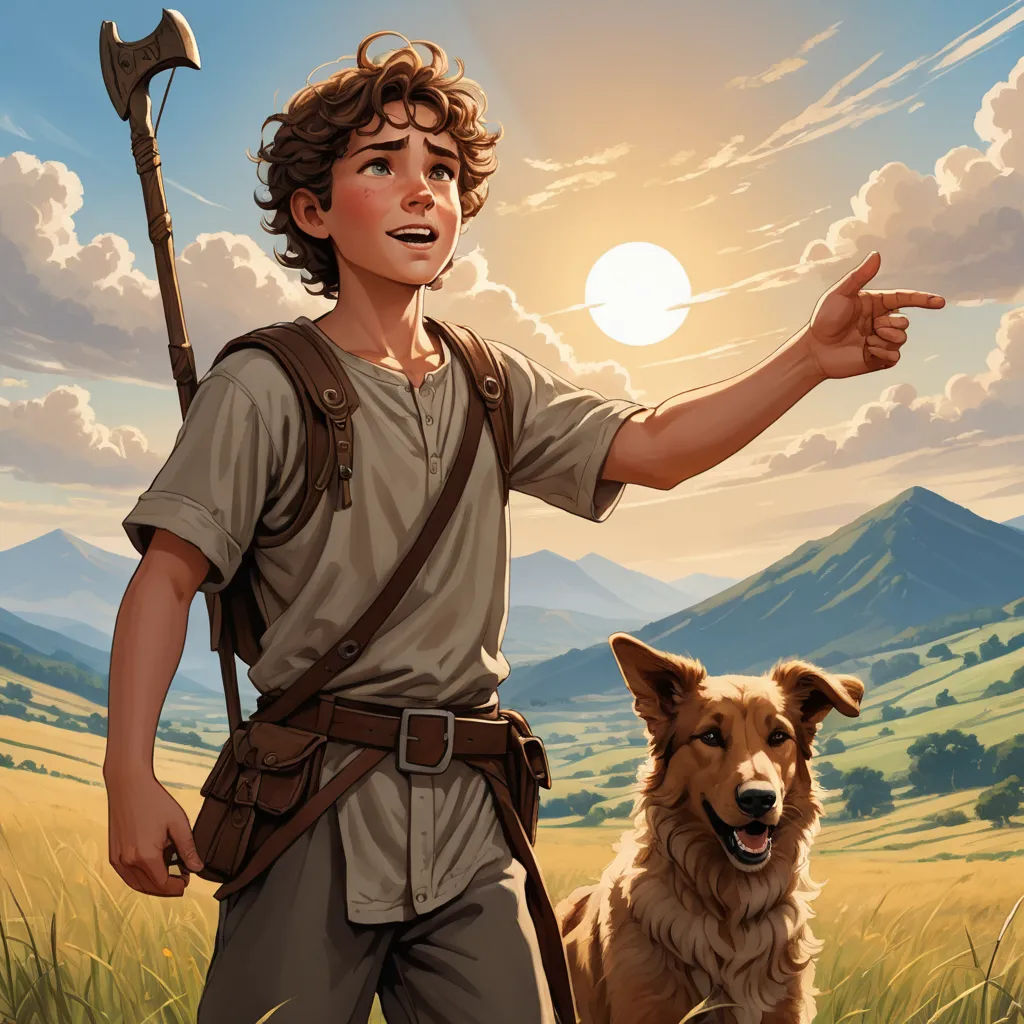 a boy and a dog are standing in a field with a sunset in the background and a man pointing at the dog, fantasy art, a storybook illustration, Brothers Hildebrandt, comic cover art