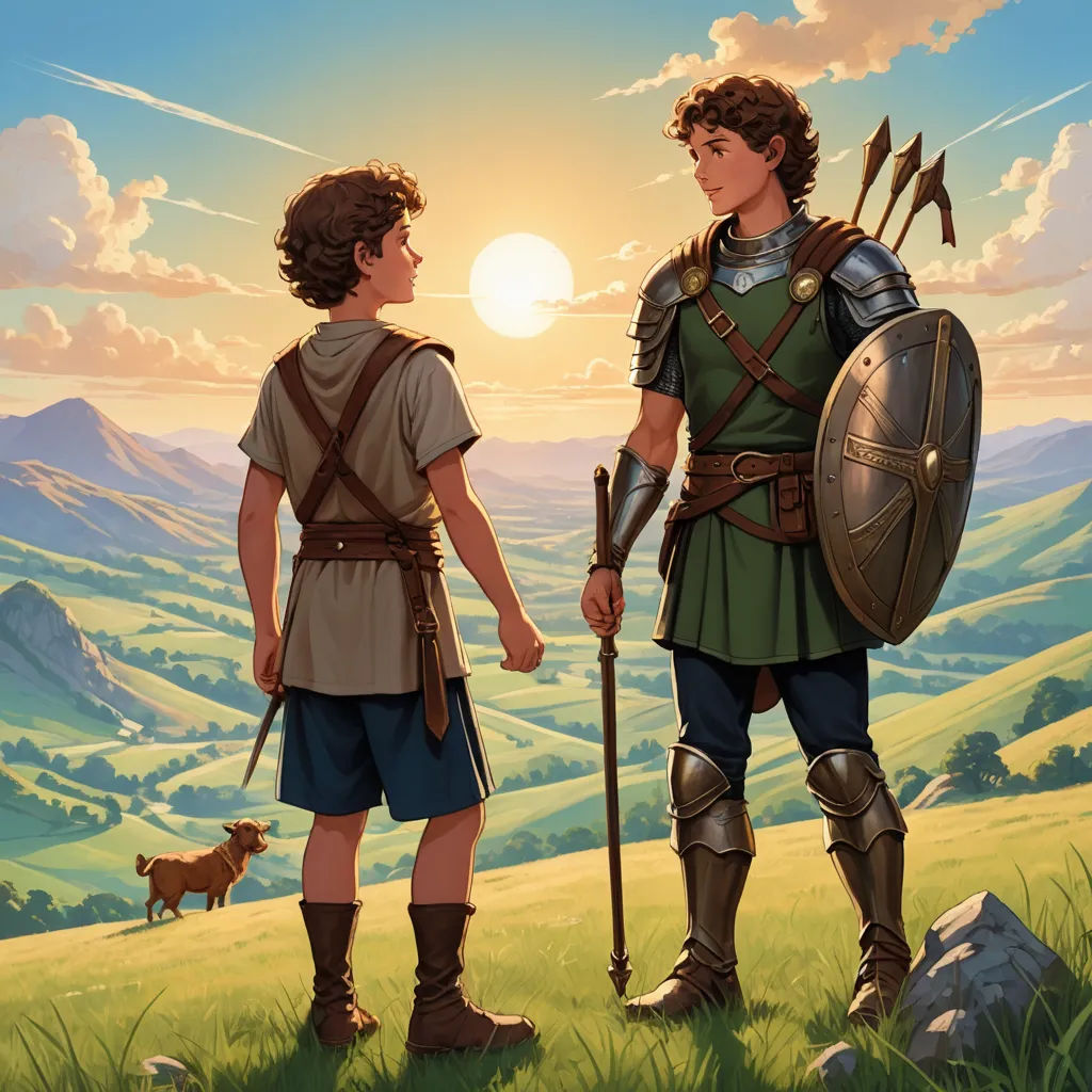 a painting of two men in armor standing next to each other on a hill with a dog on the other side, sots art, a storybook illustration, Brothers Hildebrandt, official art