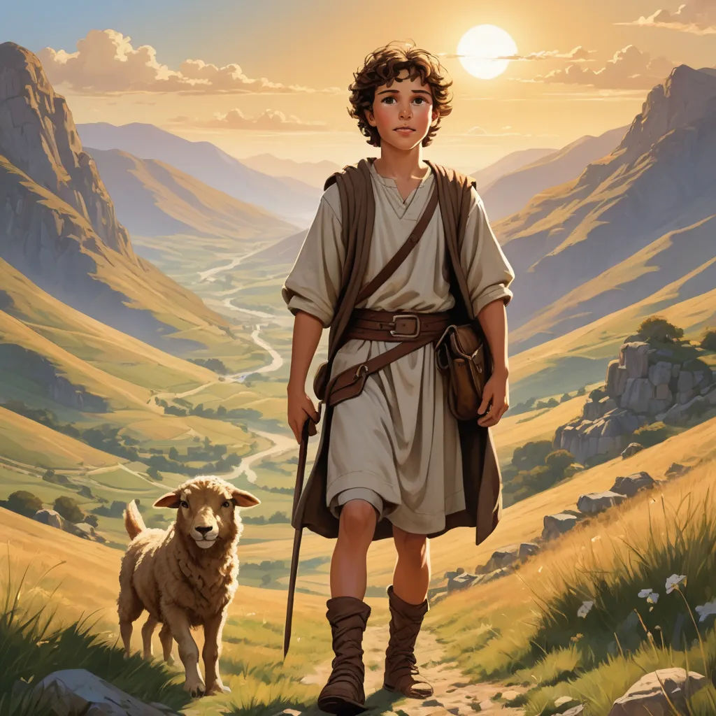 a painting of a man with a sheep on a path in a mountainous area with a sunset in the background, fantasy art, a storybook illustration, Brothers Hildebrandt, book cover