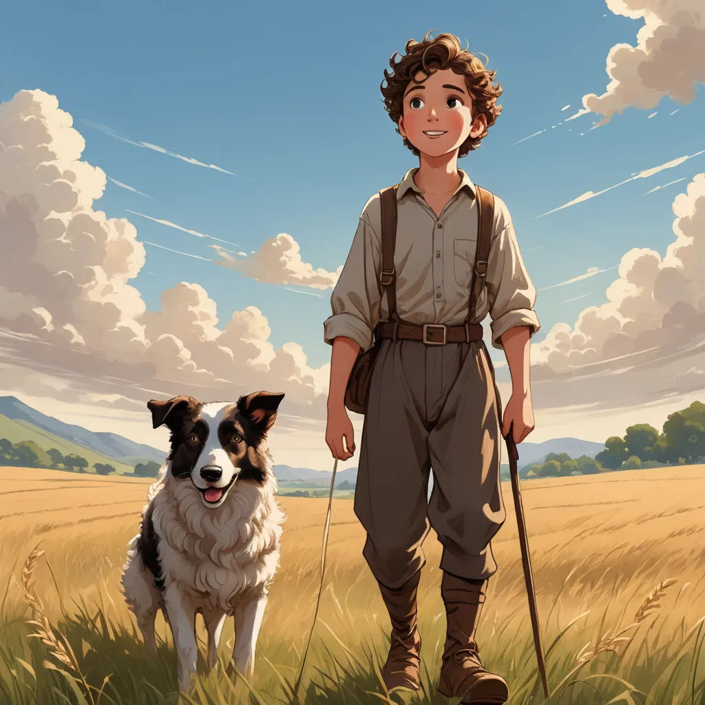 a boy and his dog are standing in a field of grass with a sky background and clouds in the background, serial art, a storybook illustration, Brothers Hildebrandt, official art