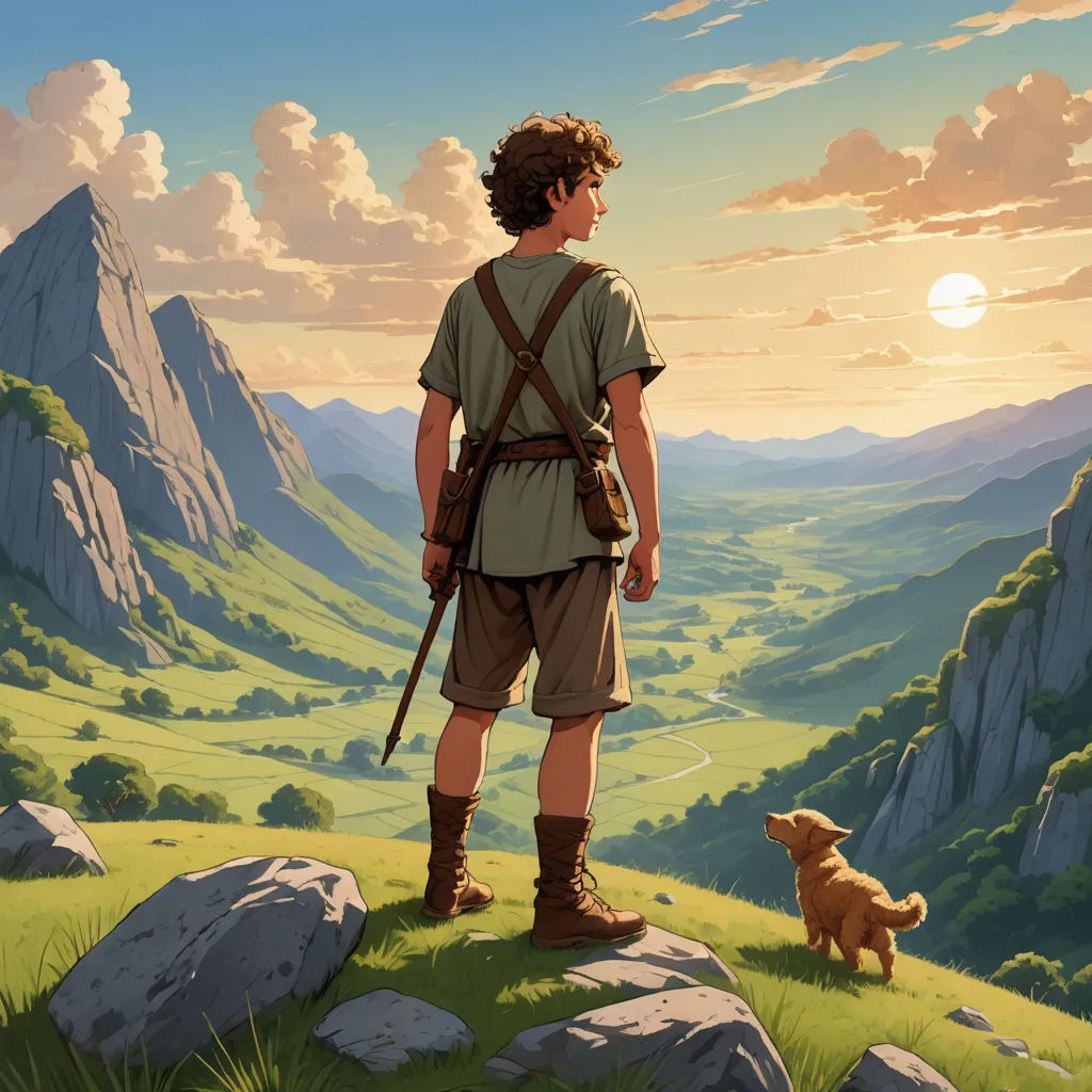 a man standing on top of a lush green hillside next to a dog on a hill top with a sunset in the background, fantasy art, a detailed matte painting, Christophe Vacher, official art