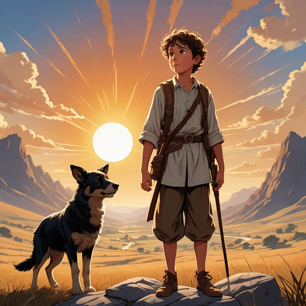 a boy and a dog standing on a rock in front of a sunset with mountains and clouds in the background, fantasy art, poster art, Cliff Childs, comic cover art