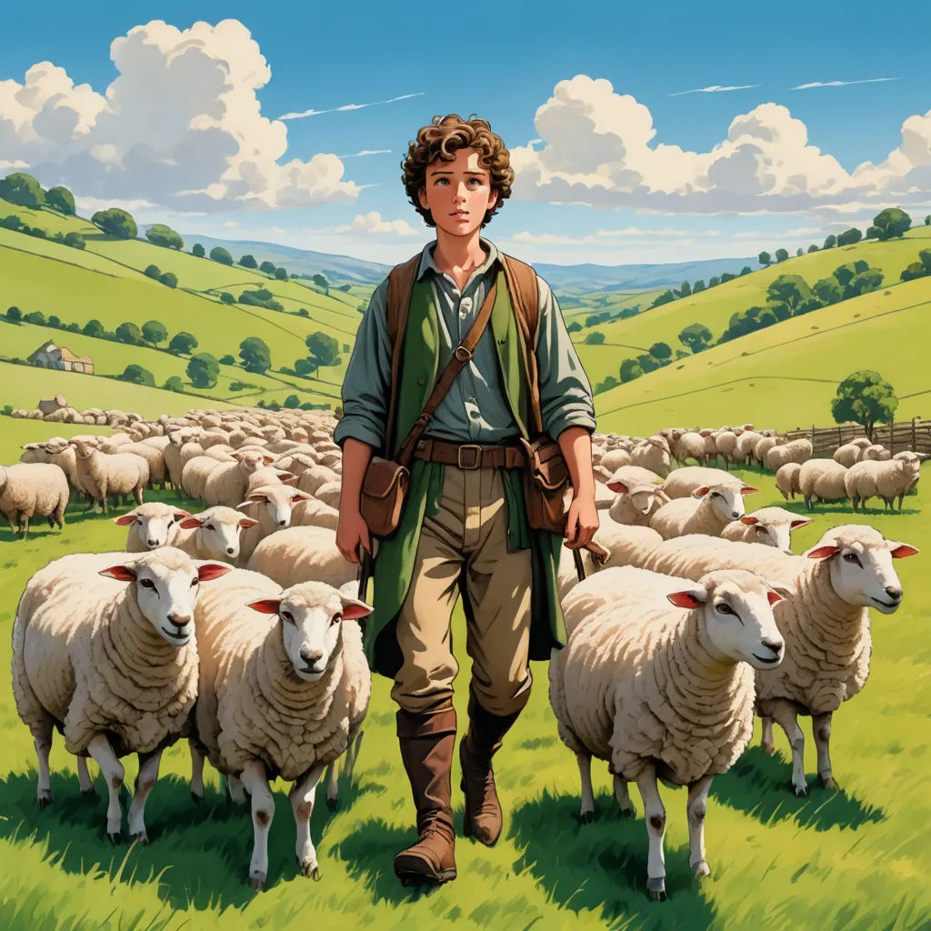 a painting of a man standing in front of a herd of sheep in a field with a sky background, synthetism, a storybook illustration, Aaron Jasinski, official art