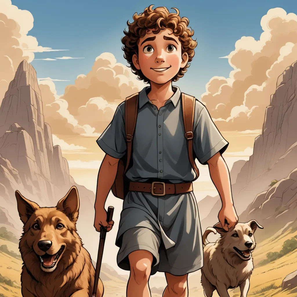 a boy with a backpack and two dogs walking in the desert with mountains in the background and clouds in the sky, process art, a storybook illustration, Cliff Childs, comic cover art