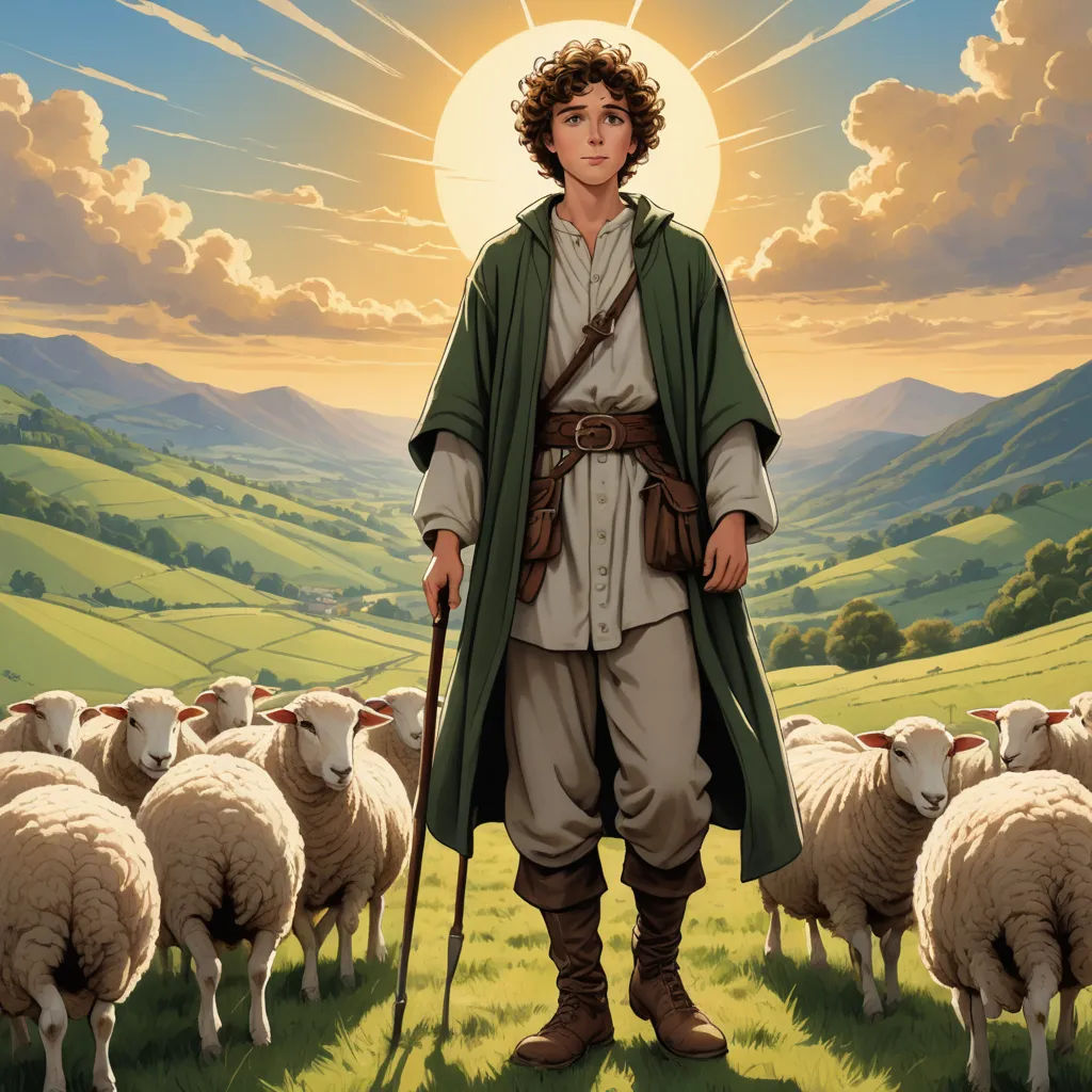 a painting of a man standing in front of a herd of sheep with a sun in the background and clouds, fantasy art, a character portrait, Christophe Vacher, official art