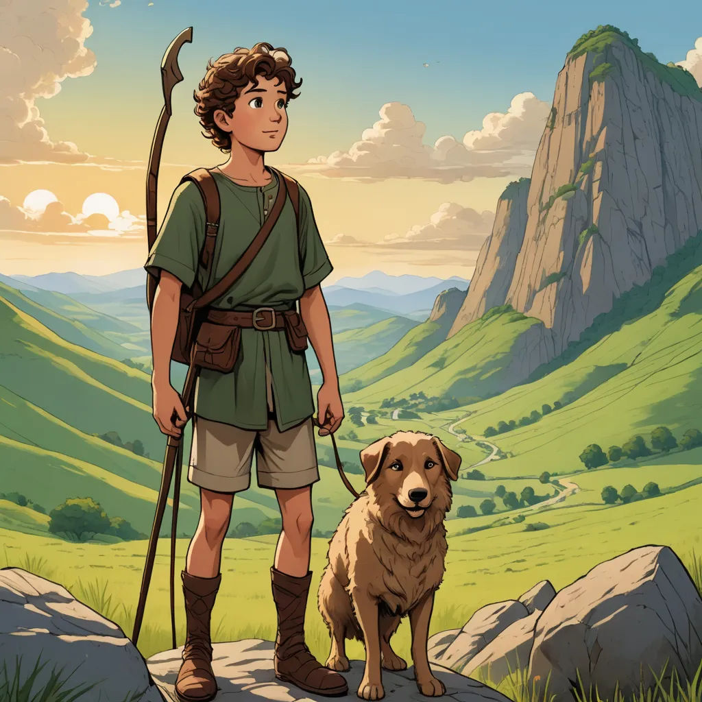 a boy with a stick and a dog on a hill with a mountain in the background and a sky with clouds, furry art, a storybook illustration, Cliff Childs, official art