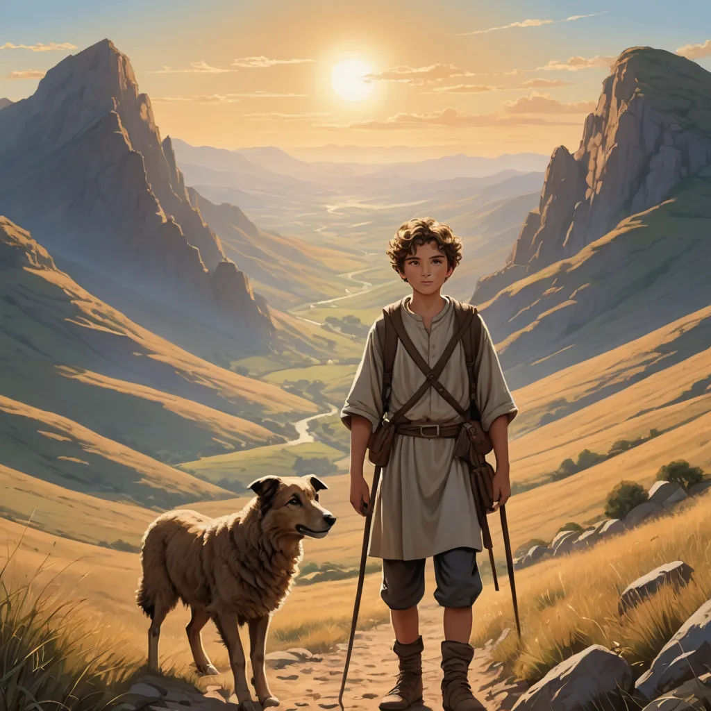 a painting of a man and a dog on a path with mountains in the background and a sunset in the sky, fantasy art, a detailed matte painting, Brothers Hildebrandt, storybook illustration