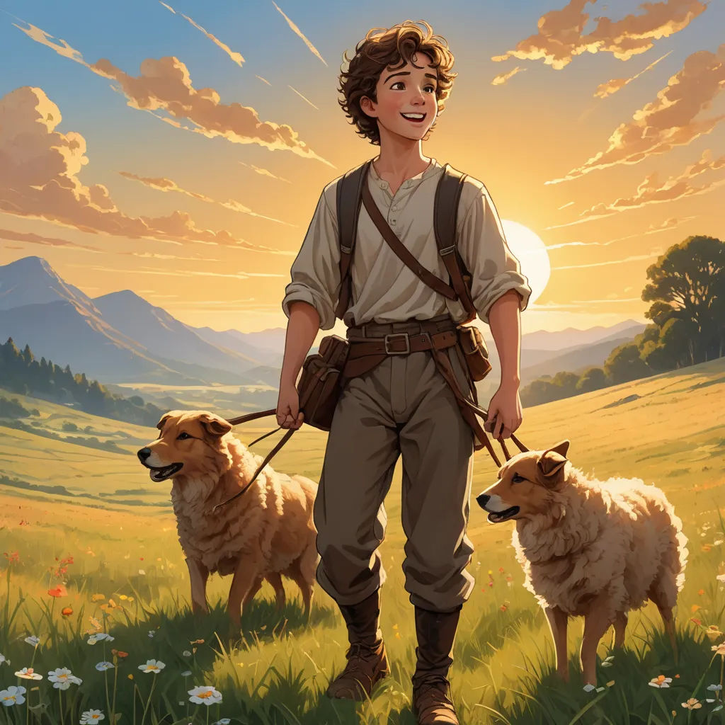 a painting of a man with two sheep in a field with a sunset in the background and clouds in the sky, fantasy art, a storybook illustration, Brothers Hildebrandt, official art