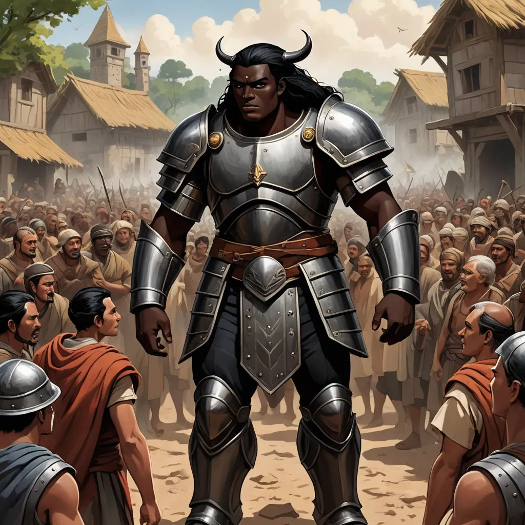 a painting of a man in armor surrounded by other men in a village with a crowd of people in the background, fantasy art, a character portrait, Clint Cearley, magic the gathering artwork