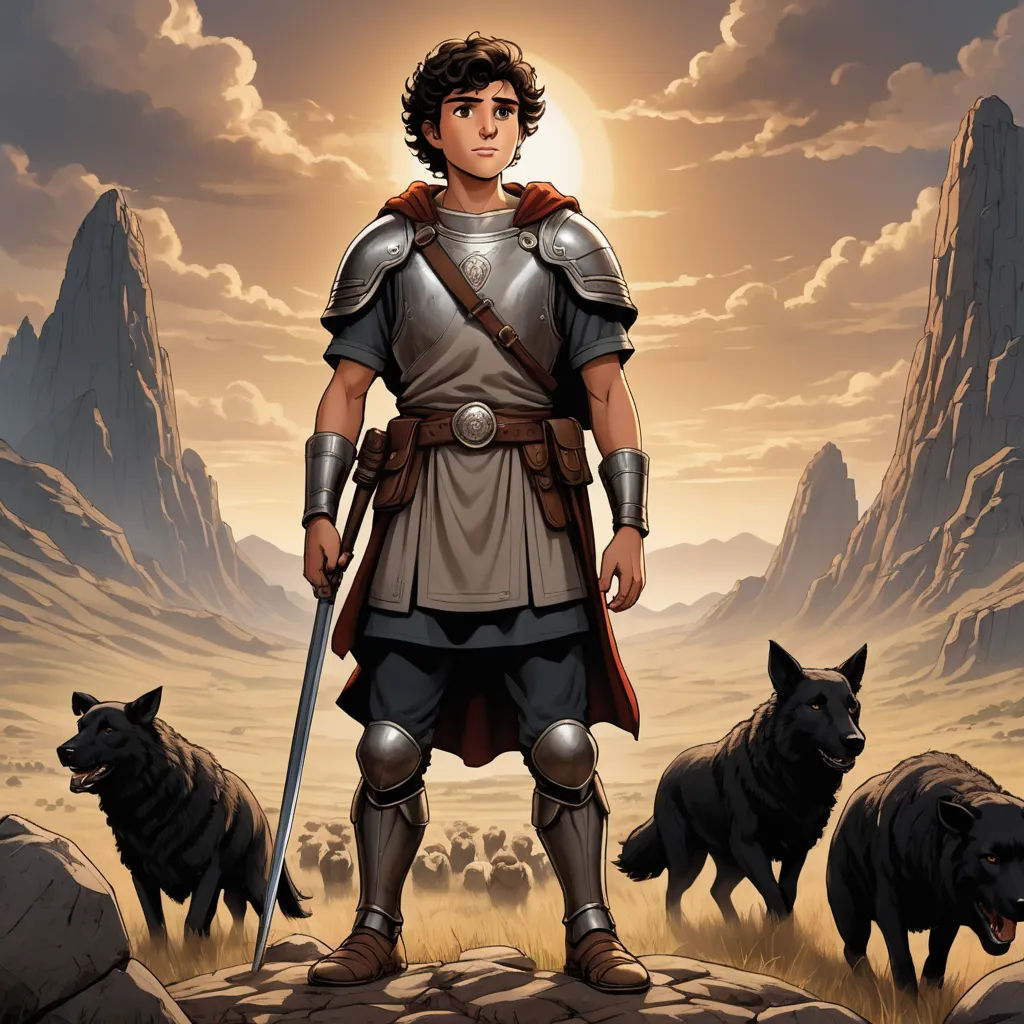 a man in a armor standing on a rock with a sword in his hand and a herd of sheep behind him, fantasy art, concept art, Cedric Seaut (Keos Masons), epic fantasy character art