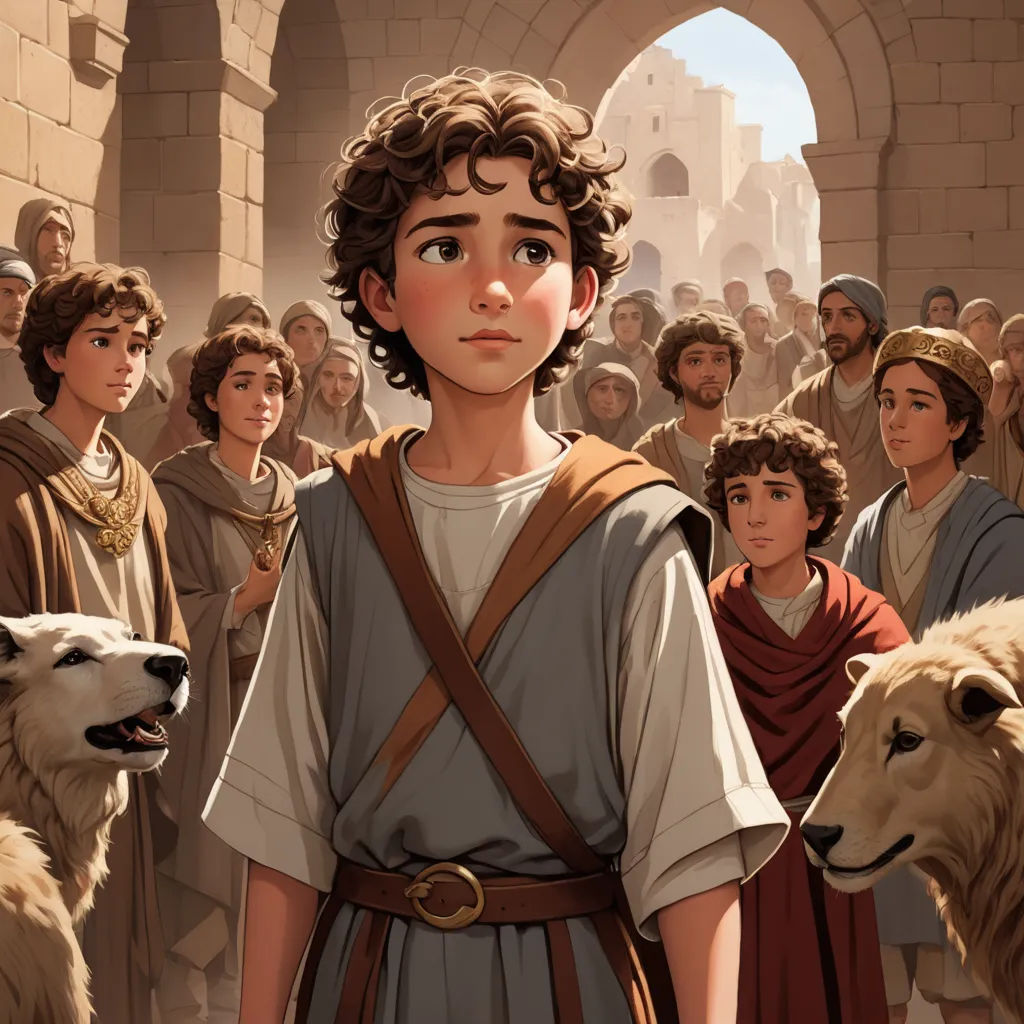 a painting of a boy in a roman costume surrounded by sheep and people in a crowd of people in the background, fantasy art, a storybook illustration, Clint Cearley, official art