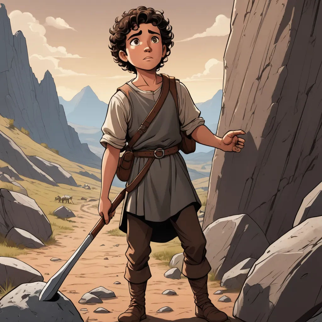 a cartoon of a man with a spear standing in front of a rock formation with a mountain in the background, fantasy art, a character portrait, Diego Gisbert Llorens, comic cover art